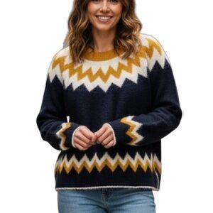 Silverflint Fairisle Soft Cozy Crew Neck Knit Sweater Medium Navy Mustard Yellow